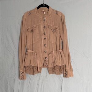 Free People Brown Utility Jacket with Lace Detail